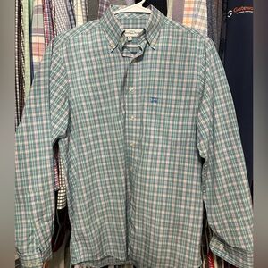 Bald head blues plaid Small dress shirt poly/nylon